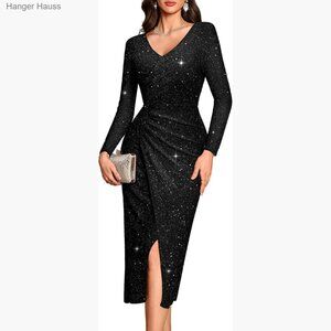 Long Sleeve Maxi Sequin Wrap Dress V Neck Formal Bodycon